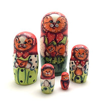 Load image into Gallery viewer, Orange Cat with Kitten Nesting Dolls Russian Hand Carved Hand Painted 5 Piece Matryoshka Set
