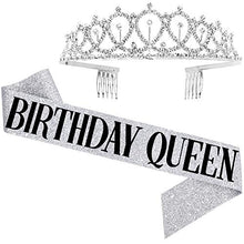 Load image into Gallery viewer, &quot;Birthday Queen&quot; Sash &amp; Rhinestone Tiara Kit - 21st 30th Birthday Gifts Birthday Sash for Women Birthday Party Supplies (Silver Glitter with Black Lettering)
