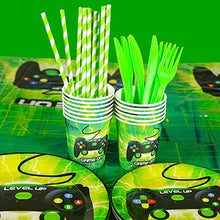 Load image into Gallery viewer, Homyplaza Video Game Party Supplies for 25 Guests, 203Pcs Birthday Plates and Napkin Set for Boys Gamer, Includes Party Plates, Gamer Table Cloth, Birthday Banner, Flatware, Cups, Straws, Napkins
