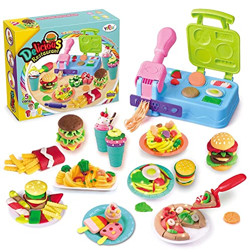 YiQis Clay Dough Kit Burger Barbecue Noodle Party Ice Cream Pizza Kitchen Creations Dough Accessories Playset with 22 molds and 5 Non-Toxic Compound Multi Colors Dough,Gift for Kids Ages 3+