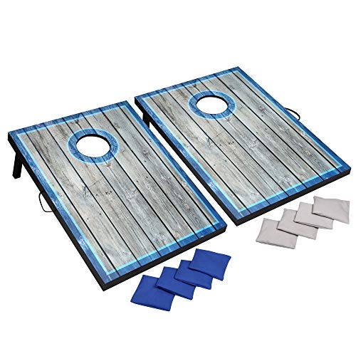 Hathaway LED Cornhole Set with Rustic Target Boards & 8 Bean Toss Bags, Lighted Target Areas, Carry Handles for Portability  Blue/White