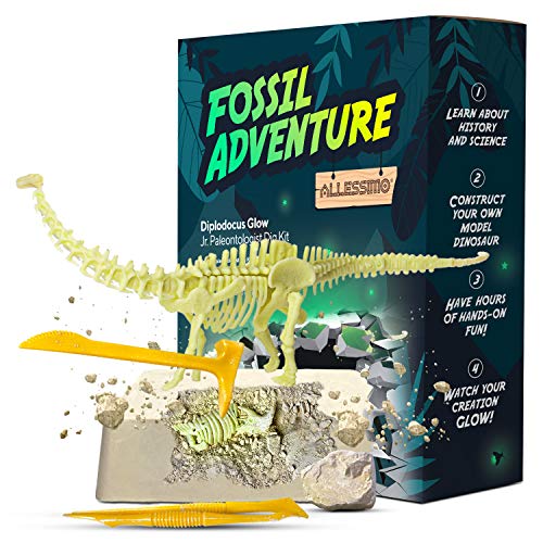 ALLESSIMO Fossil Adventure - Ancient Diplodocus Glow Fossil Dig Kit, Dino Glow in-The-Dark Complete Archeology Excavation Kit for Kids, Dig and Assemble Your Own Glowing Dinosaur for Boys and Girls