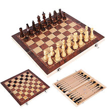 Load image into Gallery viewer, PHEZEN Folding Wooden Chess Set, 3 in 1 Wooden Chess Checkers Backgammon Set, Portable Travel Chess Board Game Sets with Storage for Pieces - for Adults Beginners and Kids Aged 4+
