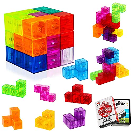 Magnet Toys Building Blocks Magic Magnet 3D Puzzle Cubes, Stress Relief for Adults, Set of 7 Multi Shapes Magnet Blocks with 54 Guide Cards (Transparent)