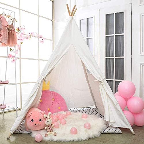 Unknown1 Wooden Poles Kids Playhouse Canvas Teepee Play Tent Raw White Girls Indoor
