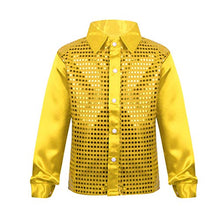 Load image into Gallery viewer, YiZYiF Little Big Boys&#39; Long Sleeve Sparkly Sequins Button-Down Shirt Hip Hop Jazz Dance Performance Costumes Gold 8-10
