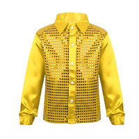 YiZYiF Little Big Boys' Long Sleeve Sparkly Sequins Button-Down Shirt Hip Hop Jazz Dance Performance Costumes Gold 8-10