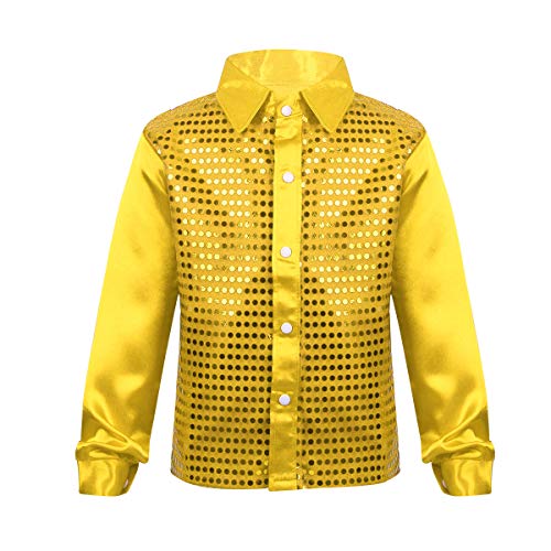 YiZYiF Little Big Boys' Long Sleeve Sparkly Sequins Button-Down Shirt Hip Hop Jazz Dance Performance Costumes Gold 8-10
