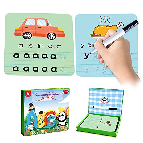 Panda Juniors Alphabet Flash Cards, Write and Wipe Practice Card Sight Words Flash Cards Kindergarten ABC Flashcards, Educational Toys for 3 4 5 6 7 8 Years Old (30 Flashcards and Marker)