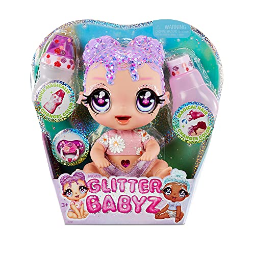 MGA'S Glitter BABYZ Lila Wildboom Baby Doll with 3 Magical Color Changes, Purple Hair , Flower Outfit, Diaper, Bottle, Pacifier Accessories- Gift for Kids, Toy for Girls Boys Ages 3 4 5+ Years Old