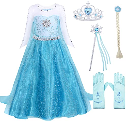 HenzWorld Little Girls Princess Dresses Snow Queen Costume Dress up Clothes Halloween Birthday Party Cosplay Outfits Cape Gloves Crown Wig Accessories 7-8 Years
