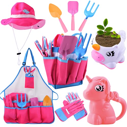 Play ACT Unicorn Kids Gardening Tool Set Toy Includes Watering Can and Planter, Sun Hat, Gloves, Apron and Kids Gardening Kit Like Shovel, Rake and Trowel, Outdoor Play Gardening Gifts (Unicorn)