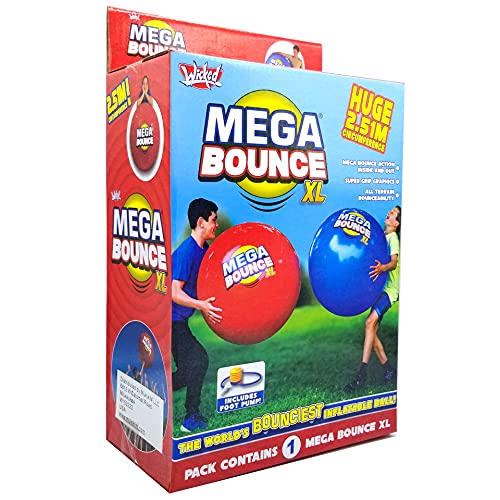 Wicked Mega Bounce XL - The World's Bounciest Inflatable Ball! Extra Large Bounce Ball for All Terrain Bounceability! Super Grip Graphics Outdoor Exercise Ball to Catch Easily. Blue or Red