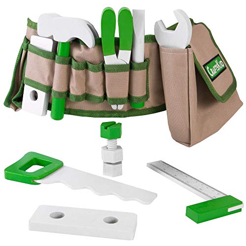 Handy Dandy Tool Belt | 16 pc Set of Kids Wooden Tools | Includes Hammer, Wrench, Pliers, Saw, Screwdriver, Ruler, Pencil, 2 Bolts, 4 Nuts and 2 Building Pieces | Children's Pretend Play Repairman Toy