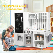 Load image into Gallery viewer, Mayjooy Kids Kitchen Playset, Wooden Play Kitchen w/7 Accessory Utensils, Blackboard, Sink, Stovetop, Sink, Cabinets, Fridge, Simulated Sound &amp; Lights, Pretend Play Kitchen Set for Toddlers Boys Girls
