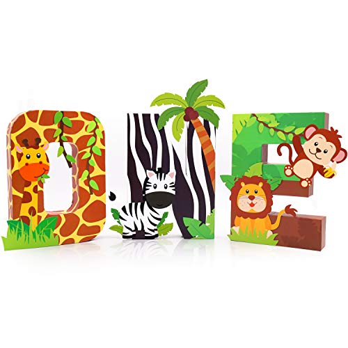 Safari ONE Letter Sign Jungle Animals First Birthday Decorations Paper Mache Letters Cake Smash Props Freestanding Decorative Letter Set for Jungle Safari Boy Birthday Party Supplies
