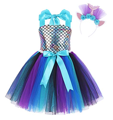 COTRIO Mermaid Princess Dresses Tutu Skirt Girls Birthday Party Fancy Dress Toddler Kids Halloween Costume Outfits Clothes Size 8 (8-9 Years, Dark Blue)