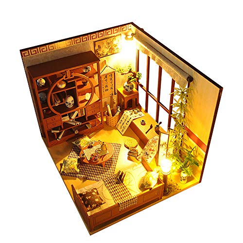 ZQWE Chinese-Style Study Room Creative Hand-Assembled Dollhouse Model Kit for Christmas, Birthday and New Year Gifts with LED Lights and Writing Brush/Ink Sticks/Paper/Inkstones
