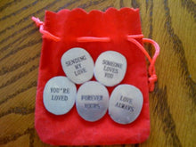 Load image into Gallery viewer, Set of 5 Love Tokens/Inspirational Coins in Red Faux Velvet Drawstring Bag
