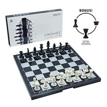 Load image into Gallery viewer, KIDAMI Magnetic Folding Travel Chess Set 11.211.2 Inches, Lightweight &amp; Portable with Inner Slots for Pieces Storage (Including Crowns for Changing Pawn to Queen)
