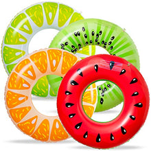Load image into Gallery viewer, 90shine 4PCS Fruit Pool Floats Watermelon Kiwi Orange Lemon Swimming Rings Inflatable Tubes Fun Water Toys for Kids Adults Beach Outdoor Party Supplies
