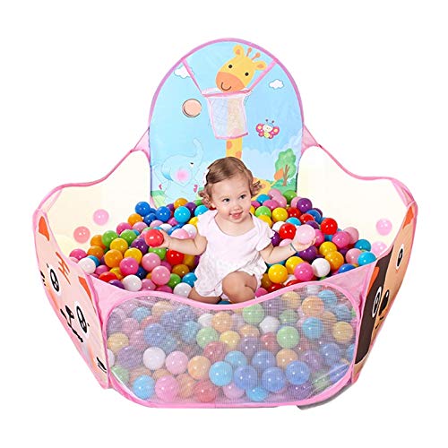 LOJETON Kids Ball Pit Pop Up Children Play Tent, Toddler Ball Animal Pool Baby Crawl Playpen with Basketball Hoop and Zipper Storage Bag - Balls Not Included
