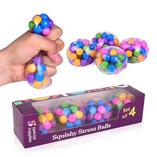 DNA Squish Stress Ball (4-Pack) Squeeze, Color Sensory Toy - Relieve Tension, Stress - Home, Travel and Office Use - Fun for Kids and Adults (Squishy)