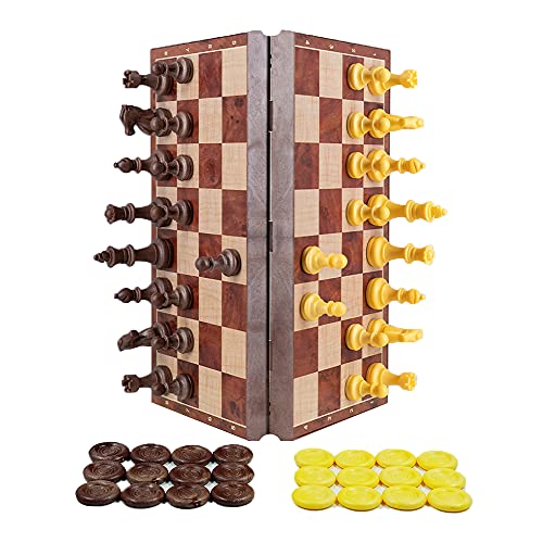 2 in 1 Chess Checkers Medium Size, Magnetic Wood Color Chess Travel Magnet Chess with Folding Case 12.4 inches