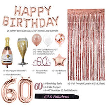 Load image into Gallery viewer, Rose Gold 60th Birthday Decorations for Women, 60 Birthday Party Supplies include Foil Fringe Curtains, Happy Birthday Balloons,Birthday Tiara &amp; sash, Cake Topper
