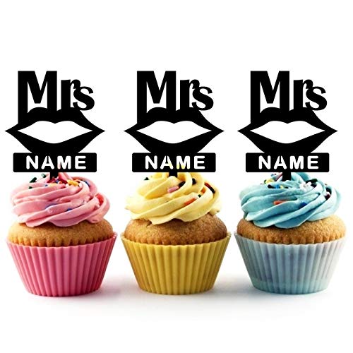 TA0245 Mrs Wedding Kiss Lip Silhouette Party Wedding Birthday Acrylic Cupcake Toppers Decor 10 pcs with Personalized Your Name