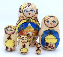 Load image into Gallery viewer, BuyRussianGifts Russian Church in Gold Nesting Dolls Wood Burned Hand Carved Hand Painted 5 Piece Set
