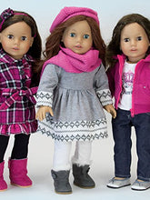 Load image into Gallery viewer, Sophia&#39;s Doll Clothes 4 Pc. Outfit fit for 18 Inch American Girl Dolls &amp; More! Grey Fair Isle Style Doll Sweater Dress, Leggings, Scarf &amp; Doll Pink Hat
