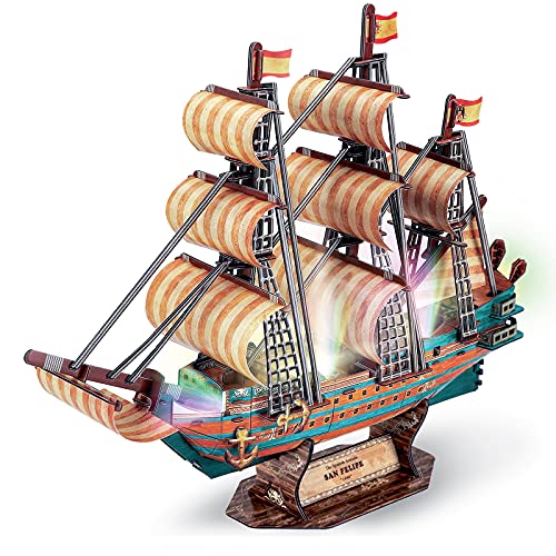 HUOQB LED The Spanish Armada Ship 3D Puzzles Vintage Modern Style Sailing Ship Model Kits,DIY Assemble Toy,Model Kit Desk Decor Sailboat Vesselfor Adults and Kids 146 Pieces