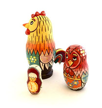 Load image into Gallery viewer, Rooster Chicken Family Russian Hand Carved Hand Painted Nesting 3 Piece Doll Set by BuyRussianGifts
