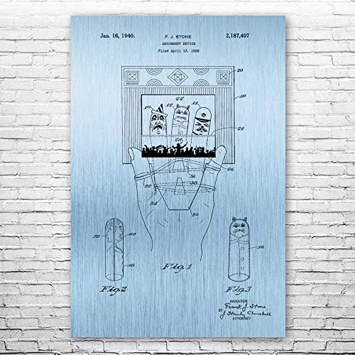 Patent Earth Finger Puppet Theater Poster Print, Toy Collector Gift, Puppet Wall Art, Daycare Decor, Theater Art, Marionette Gifts Blue Steel (12 inch x 18 inch)