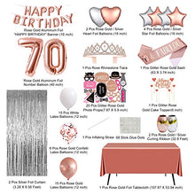 Load image into Gallery viewer, Rose Gold 70th Birthday Decorations for Women, 70 Birthday Party Supplies for Her including Happy Birthday Balloons, Fringe Curtain, Tablecloth, Photo Props, Foil Balloons, Sash and Tiara
