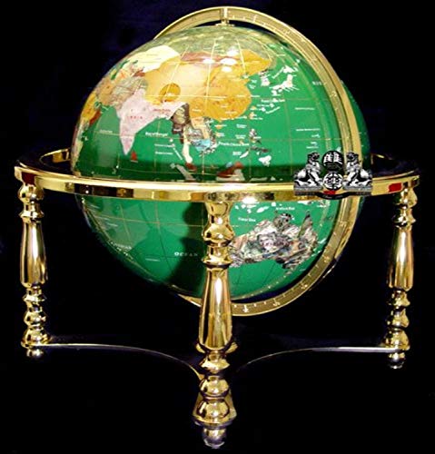 Unique Art 21-Inch Tall Malachite Green Ocean Table Top Gemstone World Globe with 4 Leg Silver Stand Separated State Stones