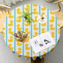 Load image into Gallery viewer, Rubber Duck Tablecloth - 55 Inch Round Tablecloth Dinner Yellow Duckies with Blue Stripes and Small Circles Baby Nursery Play Toys Pattern Easy to Care White
