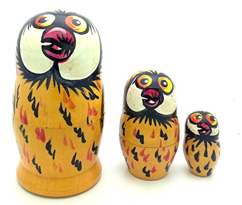 Owl Nesting Doll Russian Hand Carved Hand Painted 3 Piece Matryoshka Set