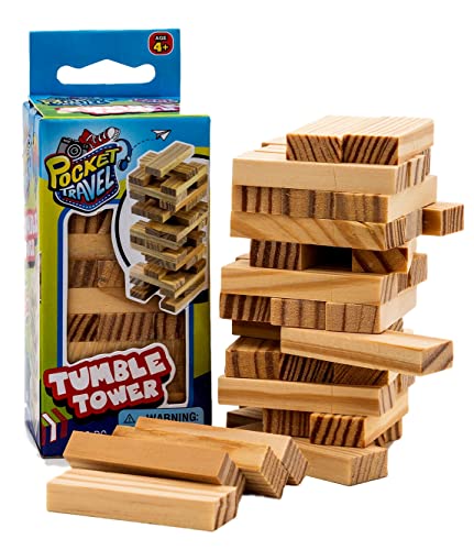 Real Wood Mini Tumble Tower Classic Game (1 Set) Travel Size 4 Inch by JARU. Wooden Tumbling Tower Blocks of Classic Toys Games Party Favors Toy Mini Board Games for Kids and Adults 3276-1A