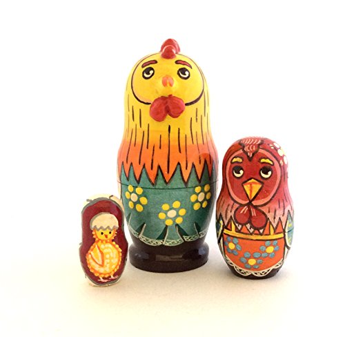 Rooster Chicken Family Russian Hand Carved Hand Painted Nesting 3 Piece Doll Set by BuyRussianGifts