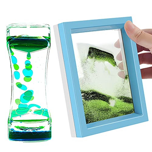 FKYTION Sand Art Picture and Liquid Motion Bubbler Timer 2 Pack Colorful Hourglass Liquid Bubbler Art Toys Activity Calm Relaxing Desk Toys Voted Best Gift!(Green)