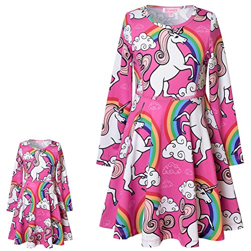 Long Sleeve Unicorn Dresses for Girls Matching 18-inch Dolls American Girls Clothes,Size 10 11