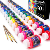 Washable Tempera Paint for Kids,30 Colors (2 oz Each) Liquid Poster Paint with 3 Brushes, Non-Toxic Kids Paint with Fluorescent Glitter Metallic Neon Colors for Finger Painting, Hobby Painters