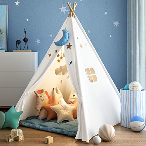 Wilwolfer Teepee Tent for Kids Foldable Children Play Tents for Girl and Boy with Carry Case Canvas Playhouse Toys for Girls or Child Indoor and Outdoor (White)