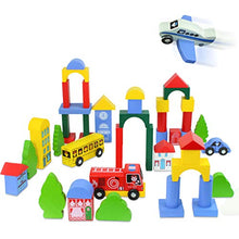 Load image into Gallery viewer, Kidzlane Wooden City Building Blocks - 50 Pc Wood Block Variety Set with Vehicles, Houses &amp; Trees in Storage Bucket - Brightly Painted, Safe &amp; Non-Toxic for Toddlers &amp; Kids Ages 3+
