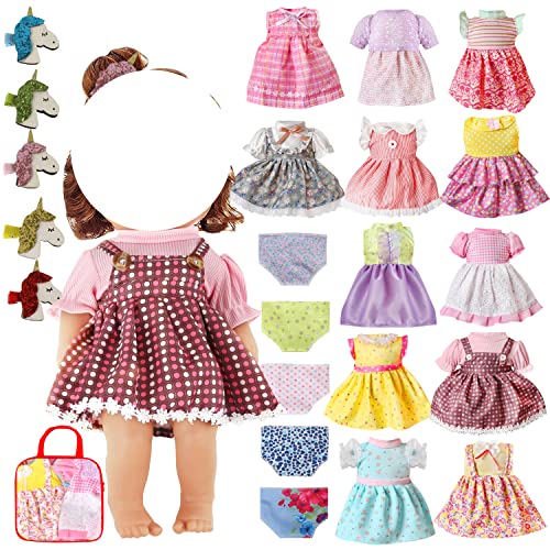 22 Pcs Girl Doll Clothes and Accessories for Alive Baby Doll Baby Bitty Doll Girl, Fits 13 14 15 16 Inch Girl Dolls - Include 12 Dress 5 Underwear 5 Doll Unnicorn Hairpin for Girls Xmas Gift