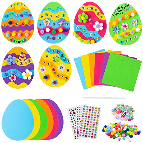 MALLMALL6 18pcs Easter Egg Craft Kit with 18 Eggs Different Color EVA Sticker and Diamond Stickers Flower Sequins Pompom Decoration Kids Favor Easter DIY Art Project Springtime Party Supplies