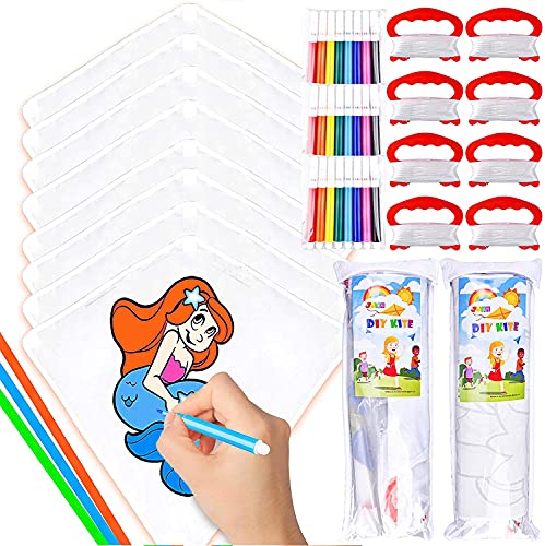 JOYIN 8 Packs DIY Blank Diamond Kite with Watercolor Pens and Kite String, Decorating Coloring Kite, Kids Kite Making Craft Kits, Large Beach Kite Easy to Fly Kite for Outdoor Games and Activities