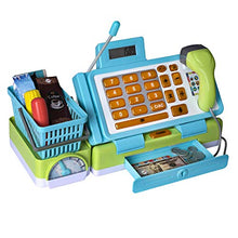 Load image into Gallery viewer, Playkidz Interactive Toy Cash Register for Kids - Sounds &amp; Early Learning Play Includes Play Money Handheld Real Scanner Working Scale &amp; Calculator, Live Microphone Food Boxes Plastic Fruit &amp; Basket
